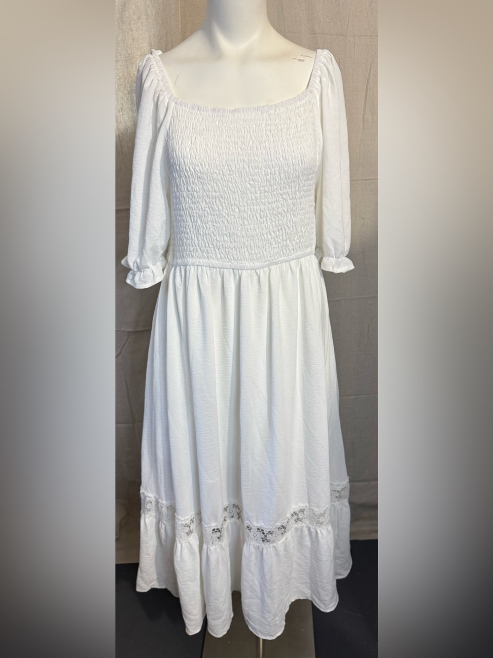 White Smocked Peasant Midi Dress - Women's